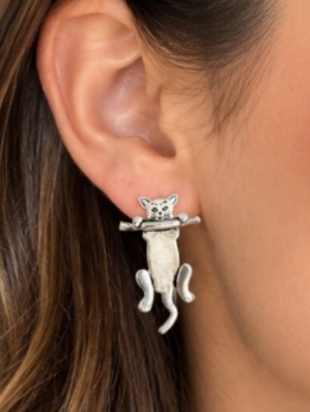 Cute Silver Cat Climbing Pet Charm Earrings - 🎁Free with Purchase of $15 - Picture 2 of 3
